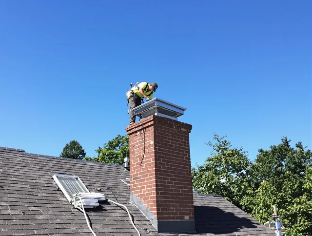 Warren Chimney Sweep technician measuring a chimney cap in Warren, RI