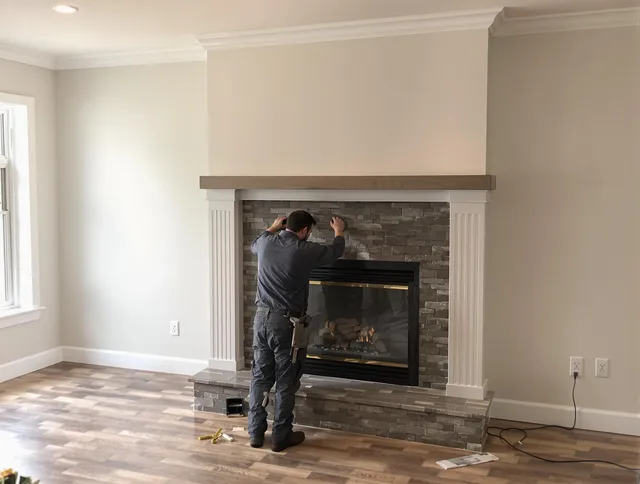 Warren Chimney Sweep finishing a custom fireplace install in Warren, RI